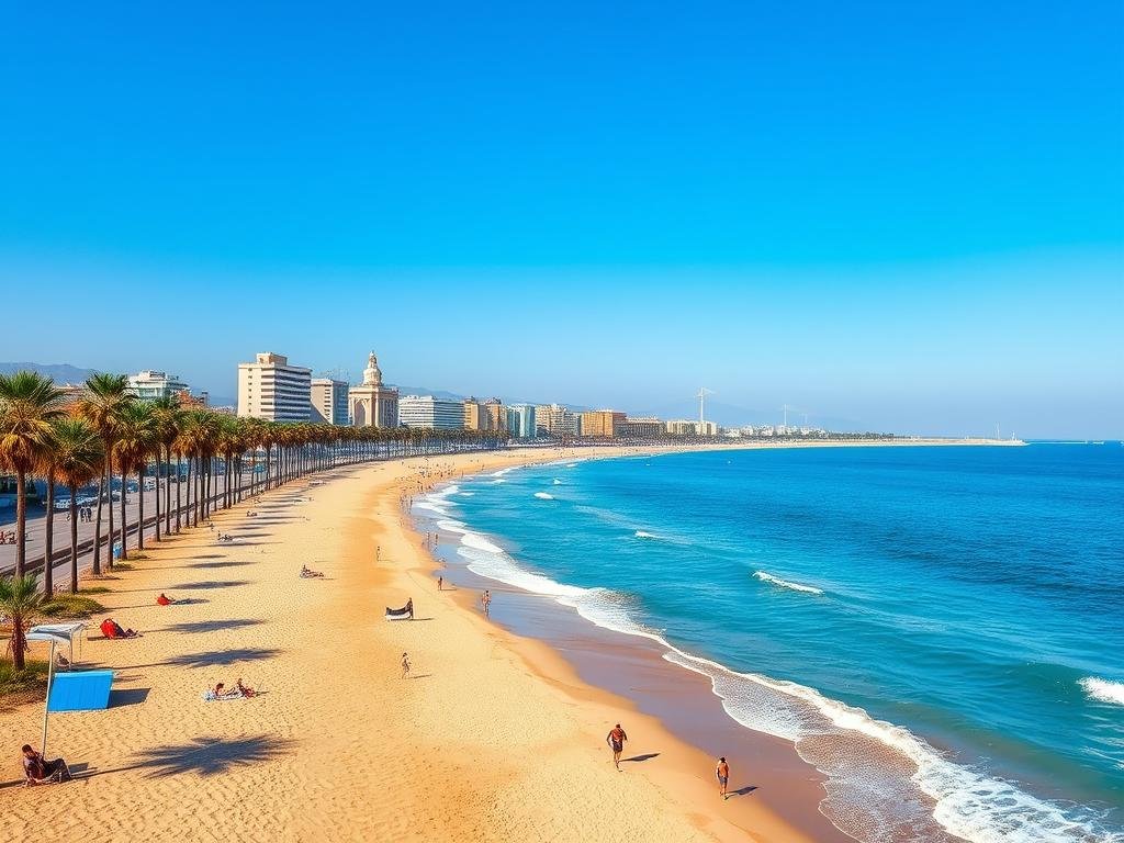 Beautiful Mediterranean beach in Valencia with palm trees and golden sand
