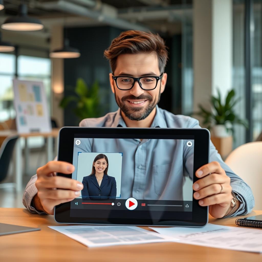 Business owner using InVideo AI video generator for company presentations