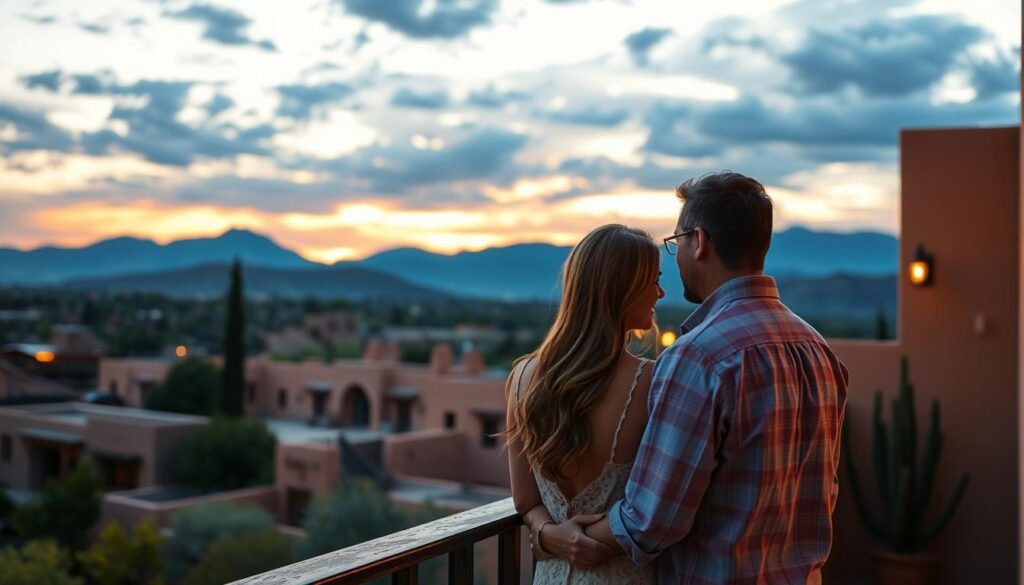 Couple enjoying sunset view from an affordable romantic hotel in Santa Fe