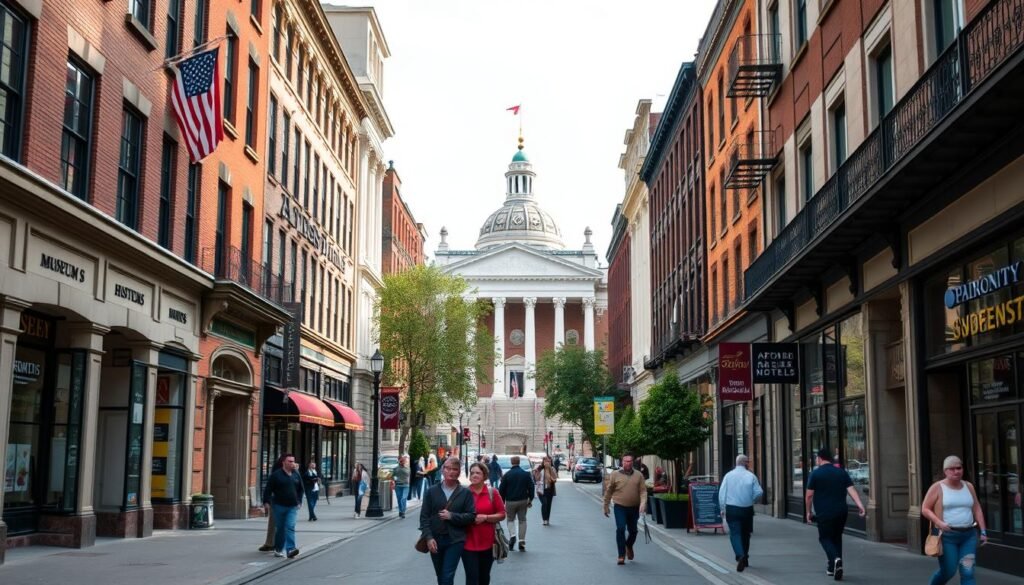 Cultural district in Philadelphia showing affordable hotels near museums and historical sites