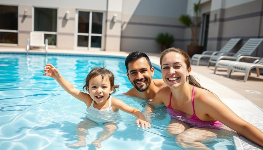 Family enjoying a hotel pool at an affordable hotel in the US