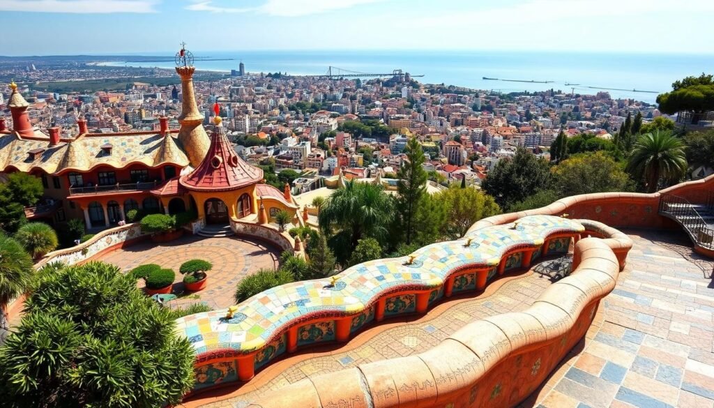 Gaudí's Park Güell in Barcelona with its colorful mosaic work and city views
