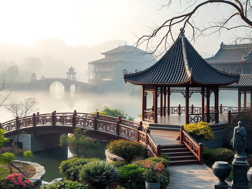 Hangzhou's West Lake gardens with traditional Chinese boutique hotel, representing best hotels in China for cultural experiences
