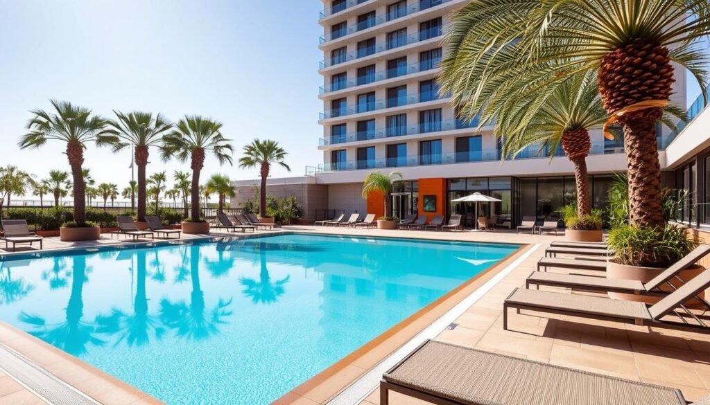 Hilton Diagonal Mar Barcelona's stunning outdoor pool area with lounge chairs and palm trees