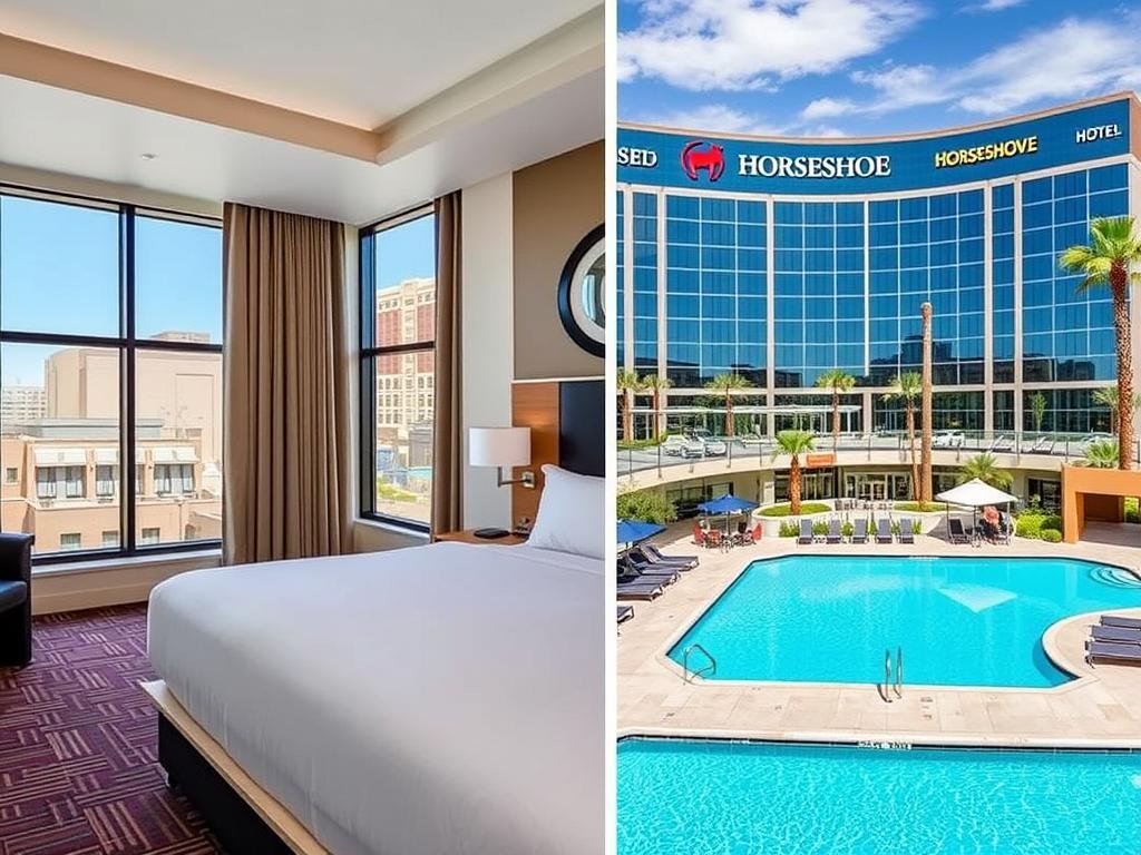 Horseshoe Las Vegas hotel room and pool area showing affordable luxury accommodations