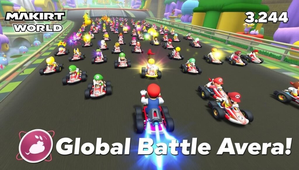 Mario Kart World's Global Battle Arena multiplayer mode with 24 racers competing simultaneously