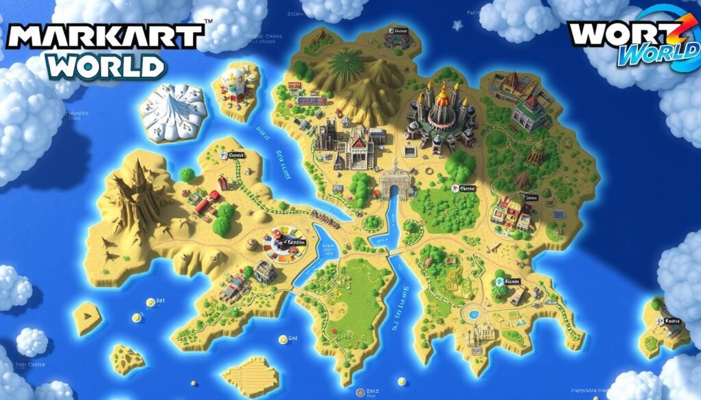 Mario Kart World's open-world map showing interconnected tracks and regions