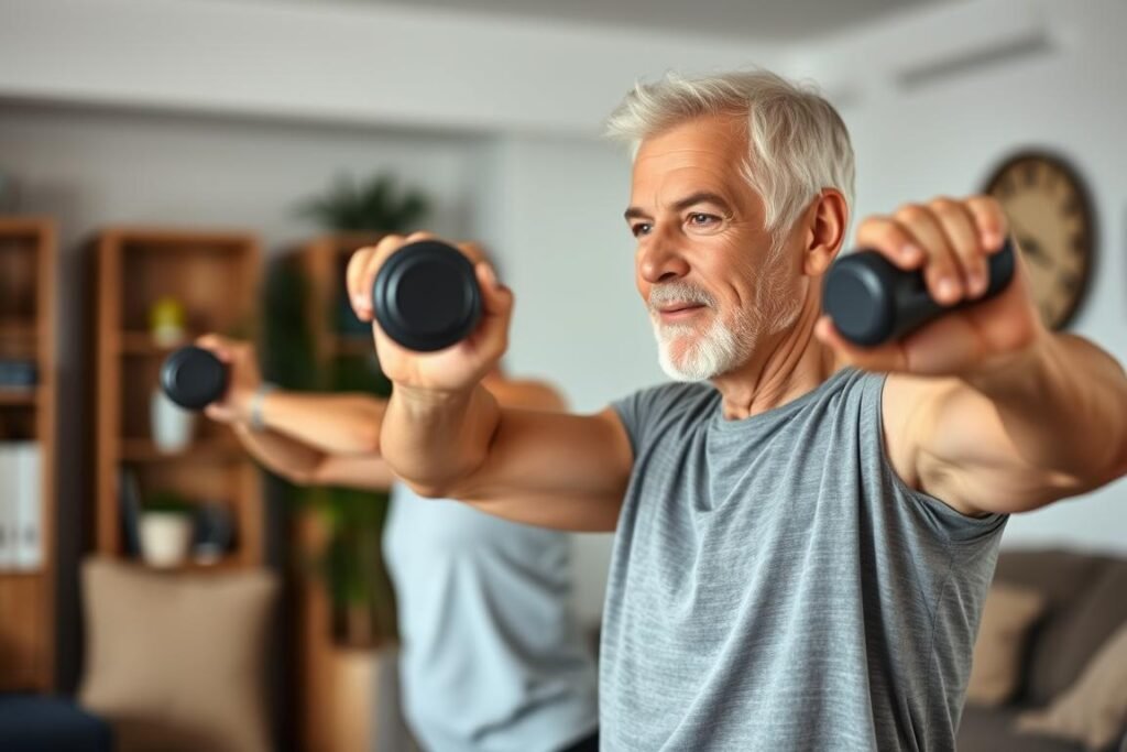 Middle-aged person performing resistance training to build muscle mass