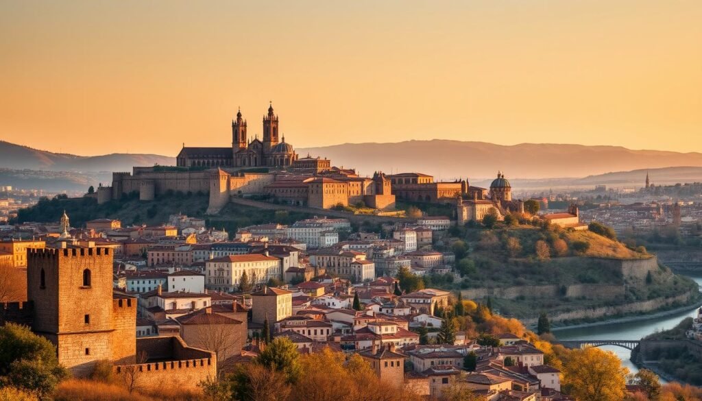 Panoramic view of Toledo's medieval cityscape with the Alcázar fortress and cathedral
