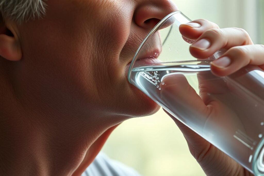 Person drinking water from a glass bottle