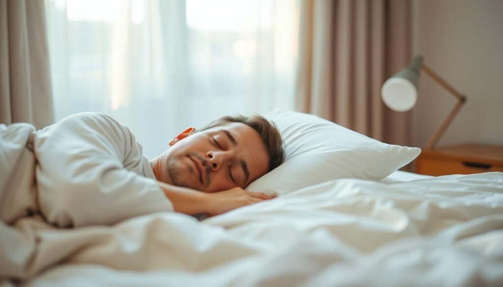 Person sleeping peacefully in a comfortable bedroom setting