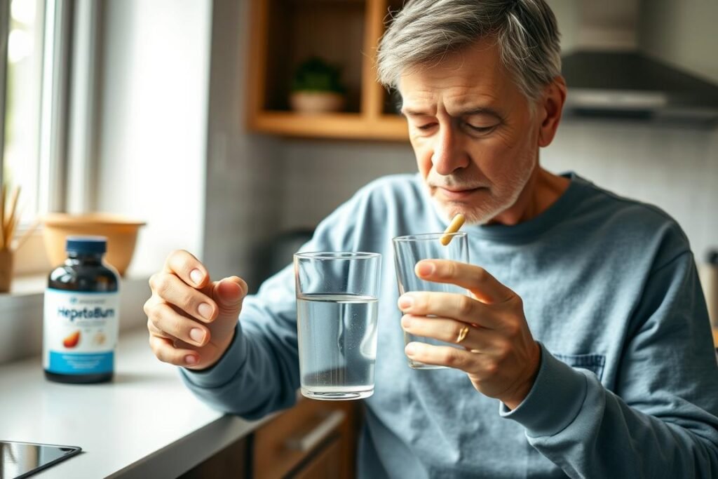 Person taking HepatoBurn metabolism booster supplement with water