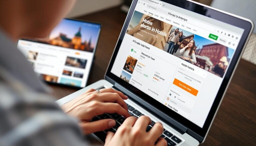 Person using laptop to search for affordable hotels in the US showing comparison websites