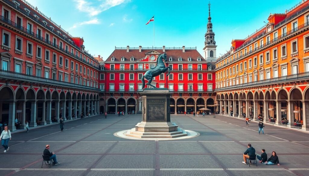 Plaza Mayor in Madrid with its distinctive architecture and outdoor cafes