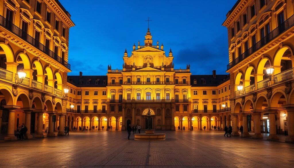 Plaza Mayor in Salamanca illuminated at night with its stunning baroque architecture