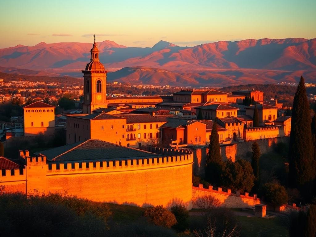 Romantic sunset view of the Alhambra in Granada