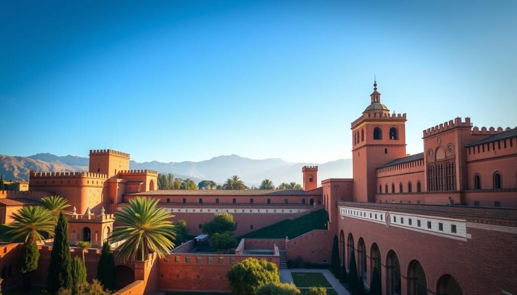 The Alhambra palace complex in Granada with Sierra Nevada mountains in the background