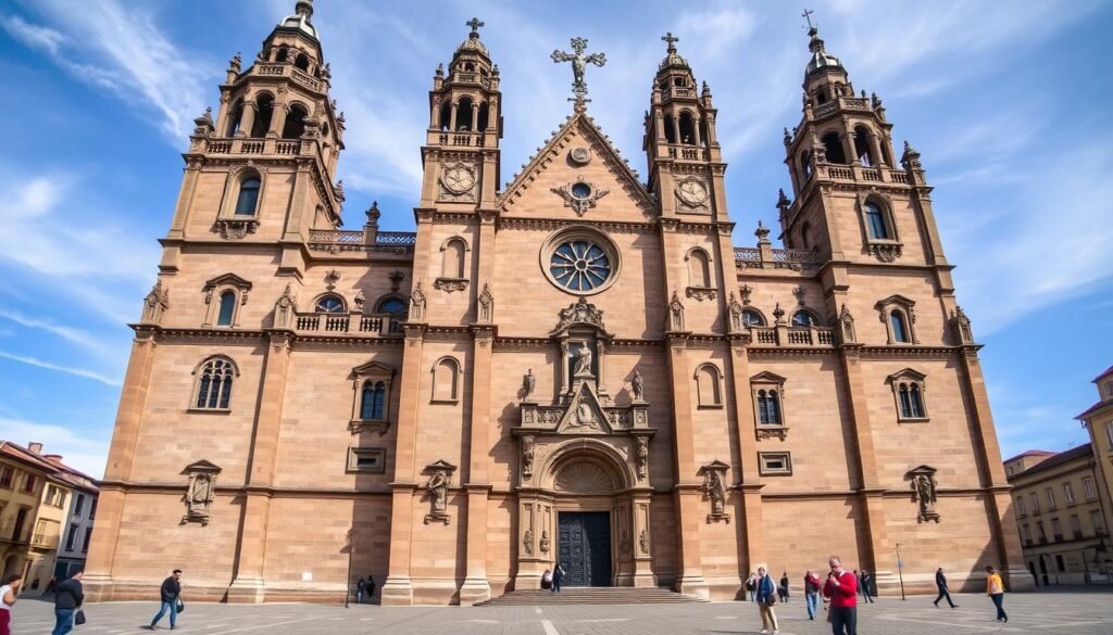 The magnificent cathedral of Santiago de Compostela with pilgrims in the foreground