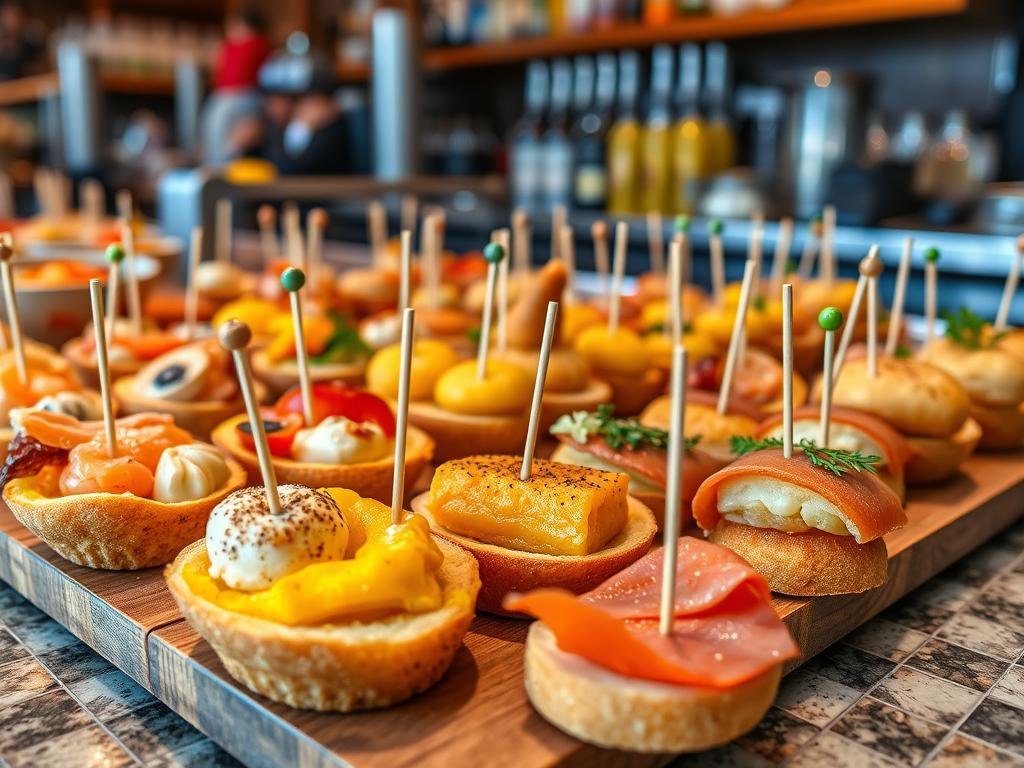 Traditional pintxos (Basque tapas) displayed at a bar in Bilbao