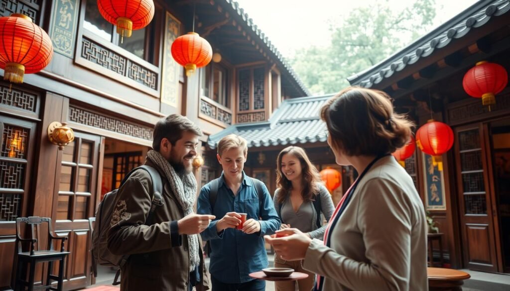 UK travellers exploring a traditional Chinese courtyard hotel, representing the best hotels in China for cultural and historical experiences