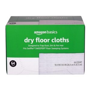 Amazon Basics Dry Sweeping Cloths to Clean Dust, Dirt, Pet Hair, Fits Swiffer Sweeper Mop Heads, 64 Count (Pack of 1)