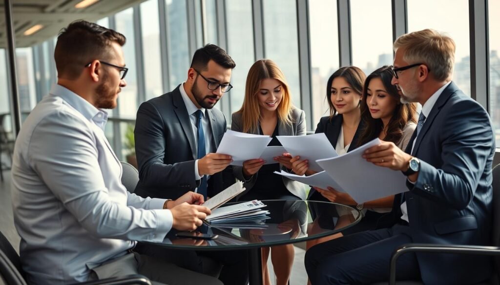 Business professionals from God's Covenant Ltd discussing monetization of finance strategies with clients