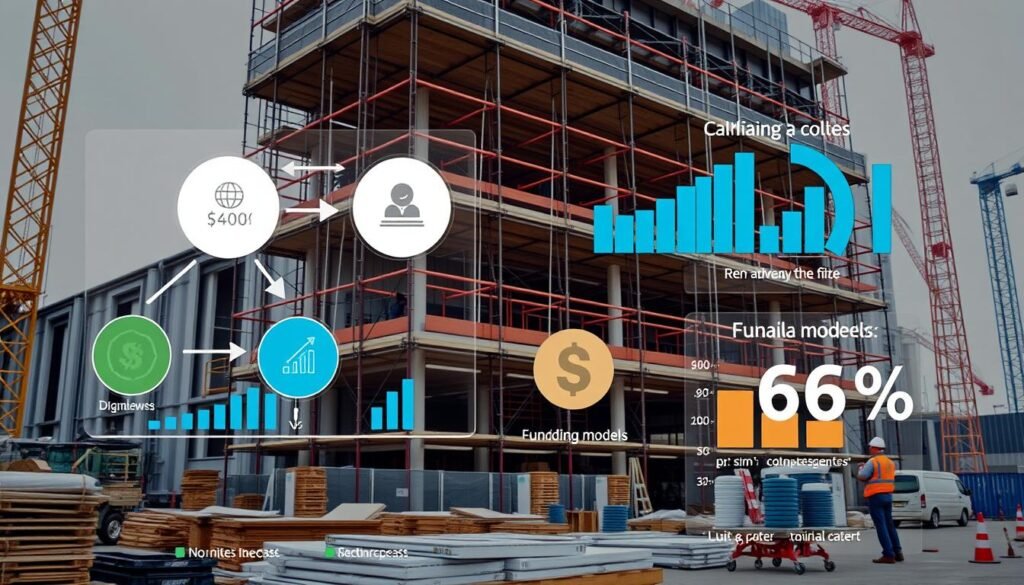 Construction project with financial monetization strategies visualized through digital overlays