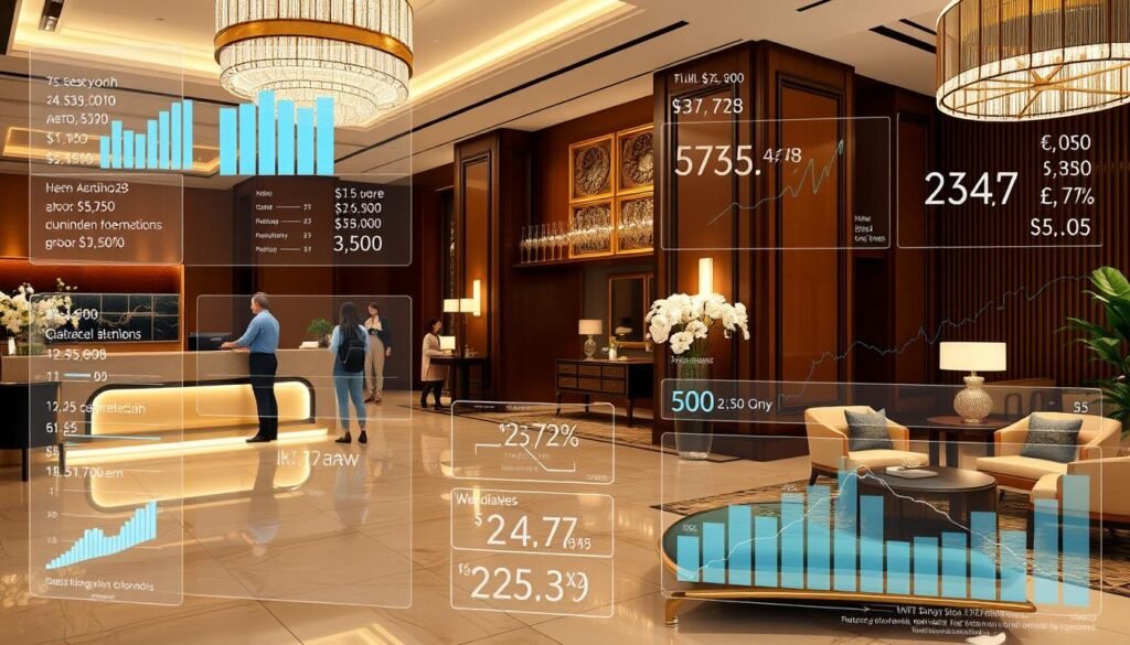 Luxury hotel lobby with financial monetization visualization showing revenue streams