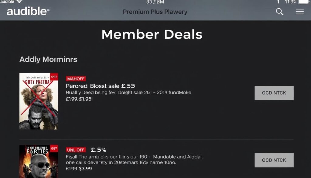 Audible Premium Plus £0.99 member deals page showing discounted audiobooks
