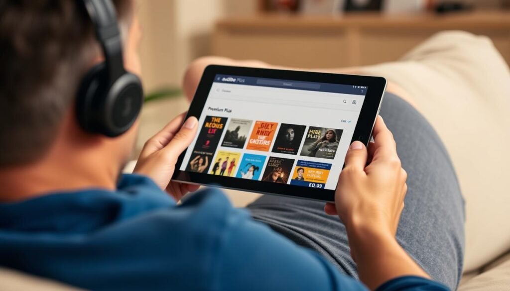 Person relaxing with headphones enjoying Audible Premium Plus £0.99 content on tablet