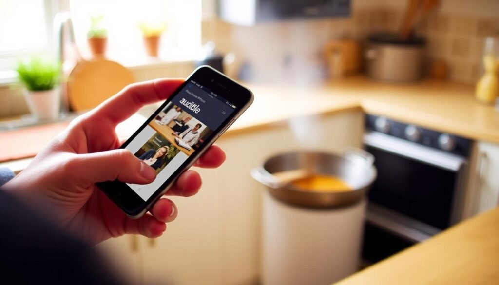 Person using Audible Premium Plus £0.99 app on smartphone while multitasking