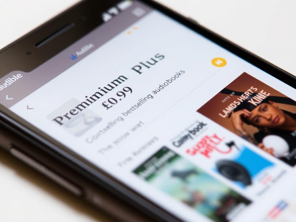 Smartphone displaying Audible Premium Plus £0.99 offer with bestselling audiobooks